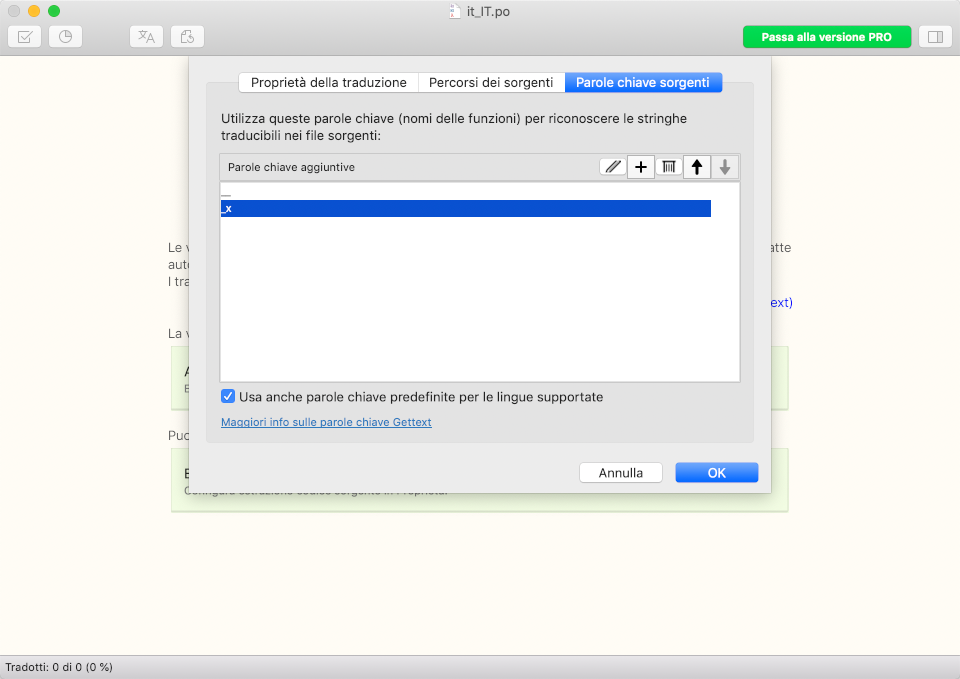Parole chiave dei file sorgente in Poedit