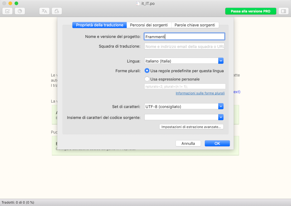 Proprietà della traduzione in Poedit