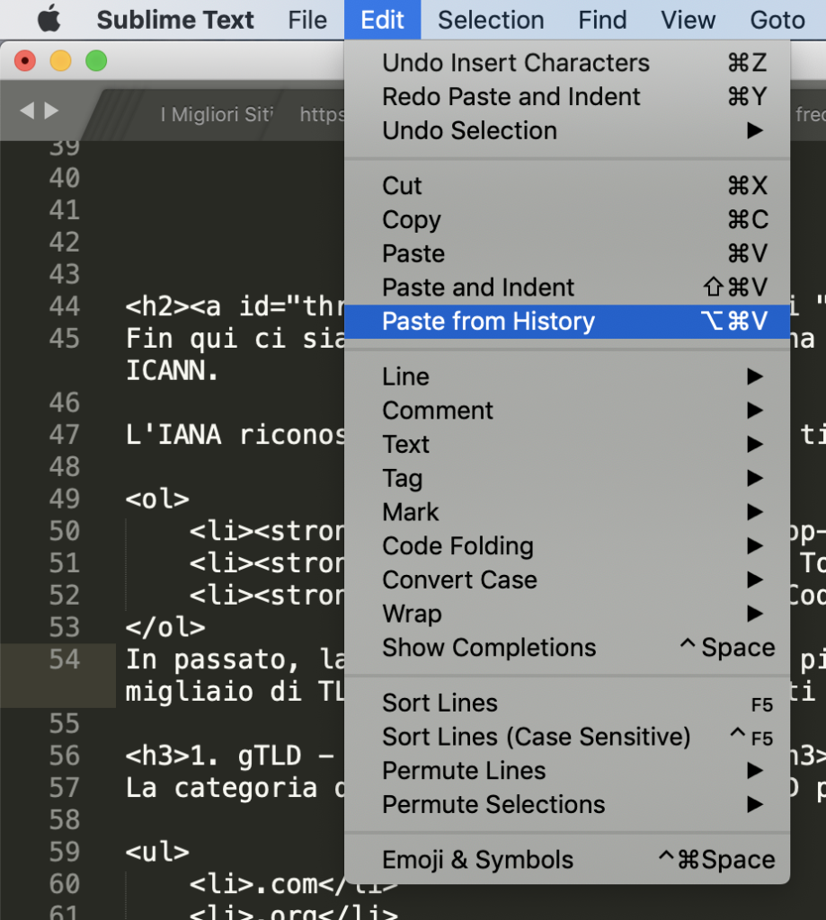 La funzione "Paste from history" di Sublime Text