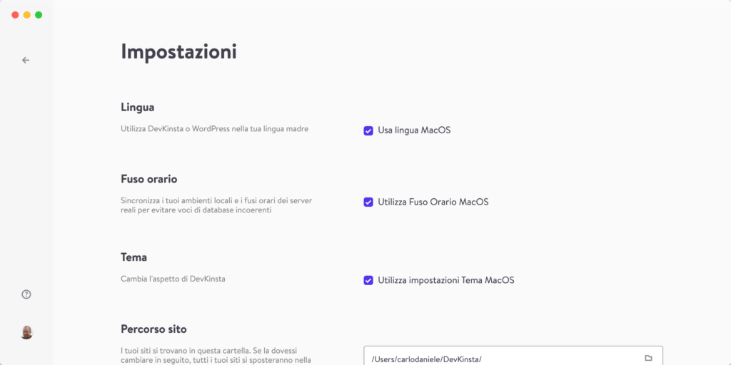 Impostazioni utente di DevKinsta