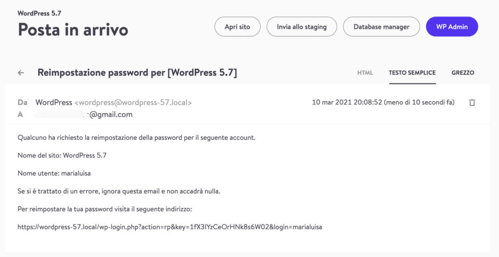 Una mail inviata da WordPress in DevKinsta