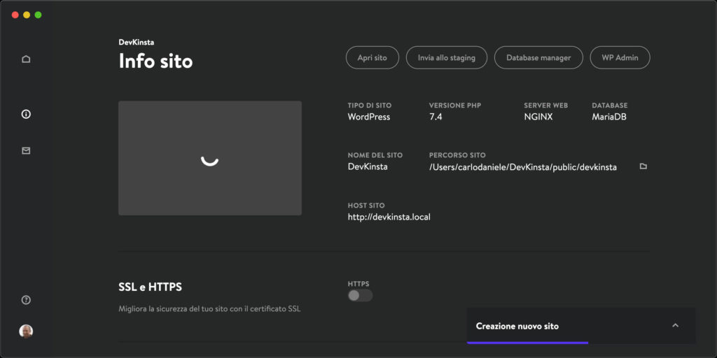 Creazione del sito in corso in DevKinsta