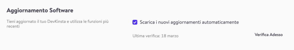 Impostazioni aggiornamento software DevKinsta