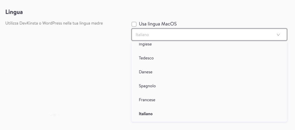 Impostazioni lingua DevKinsta