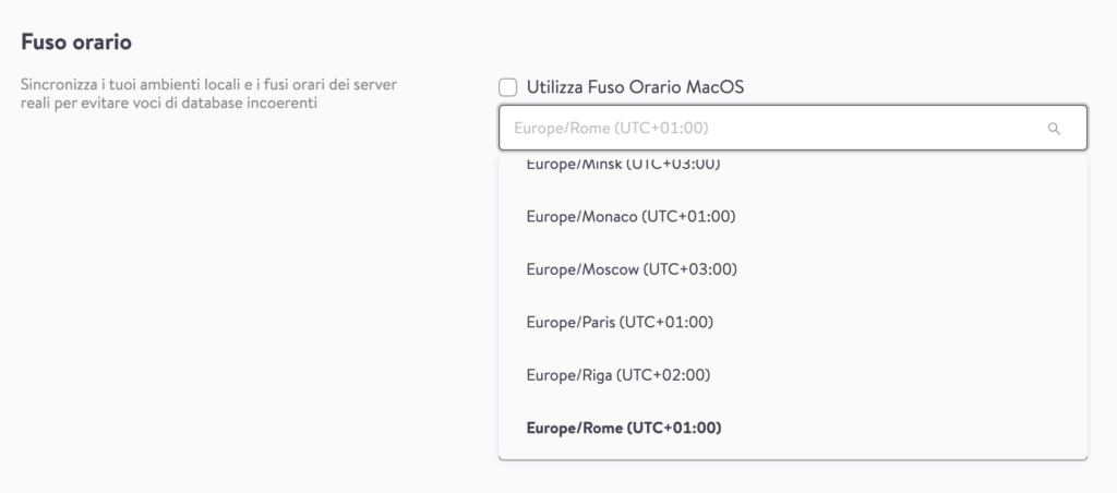 Impostazioni fuso orario DevKinsta