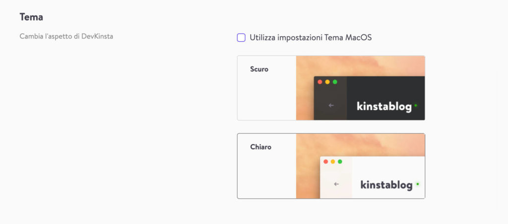 Impostazioni tema DevKinsta