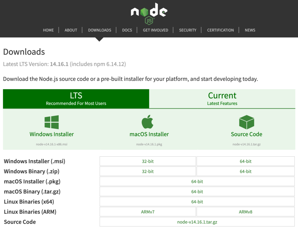 La pagina di download di Node.js